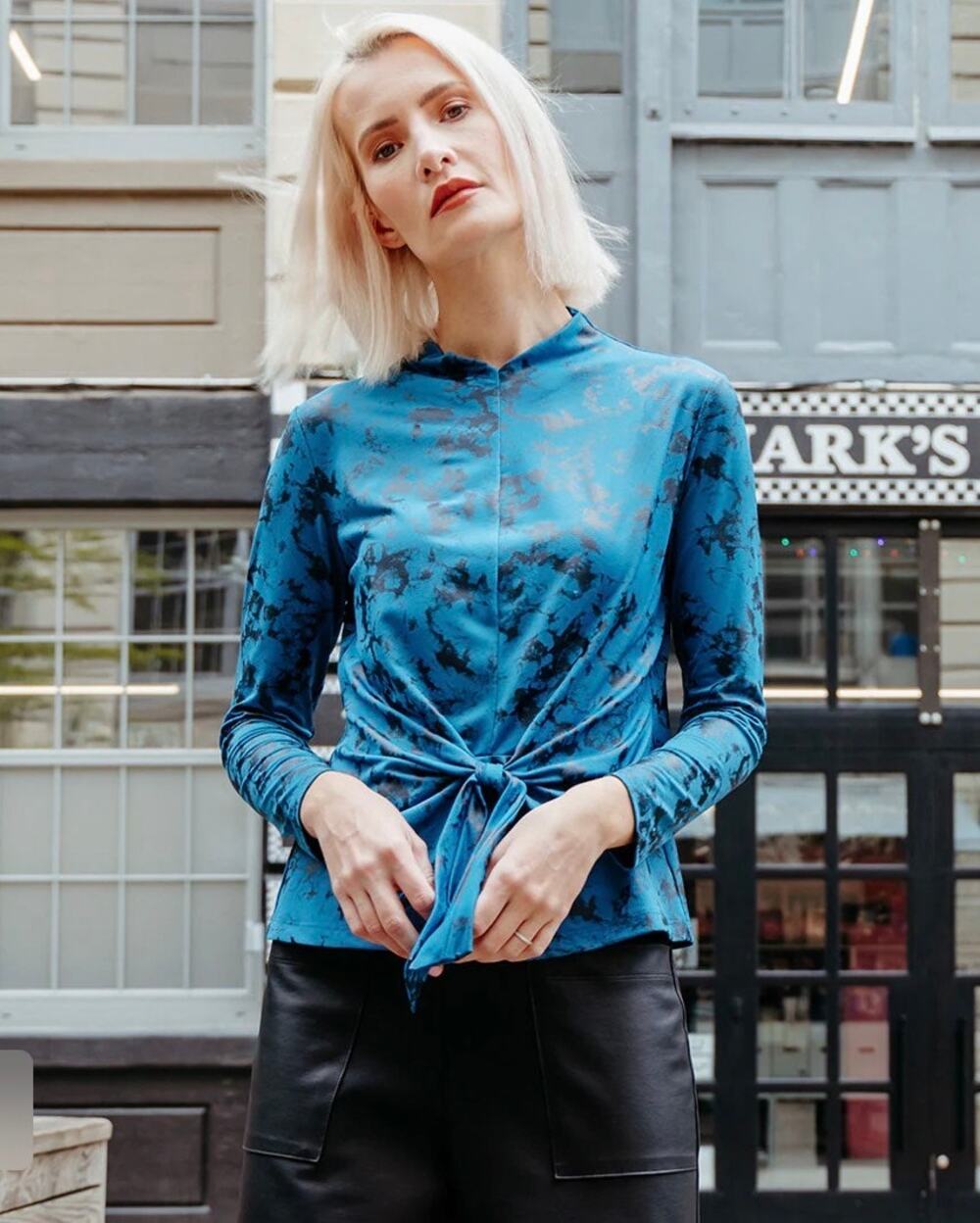 Clara Sun Woo Blouse Top Abstract Splatter Foil Knit Front Tie Teal Med Artsy